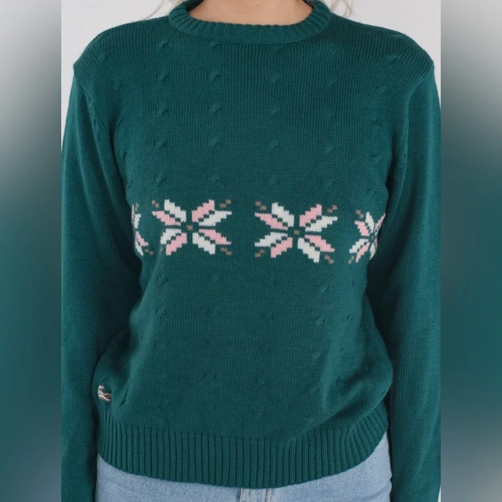 Lacoste Vintage 90’s Teal Green Knitted Snowflake Print Fair Isle Sweater Large - Picture 2 of 7